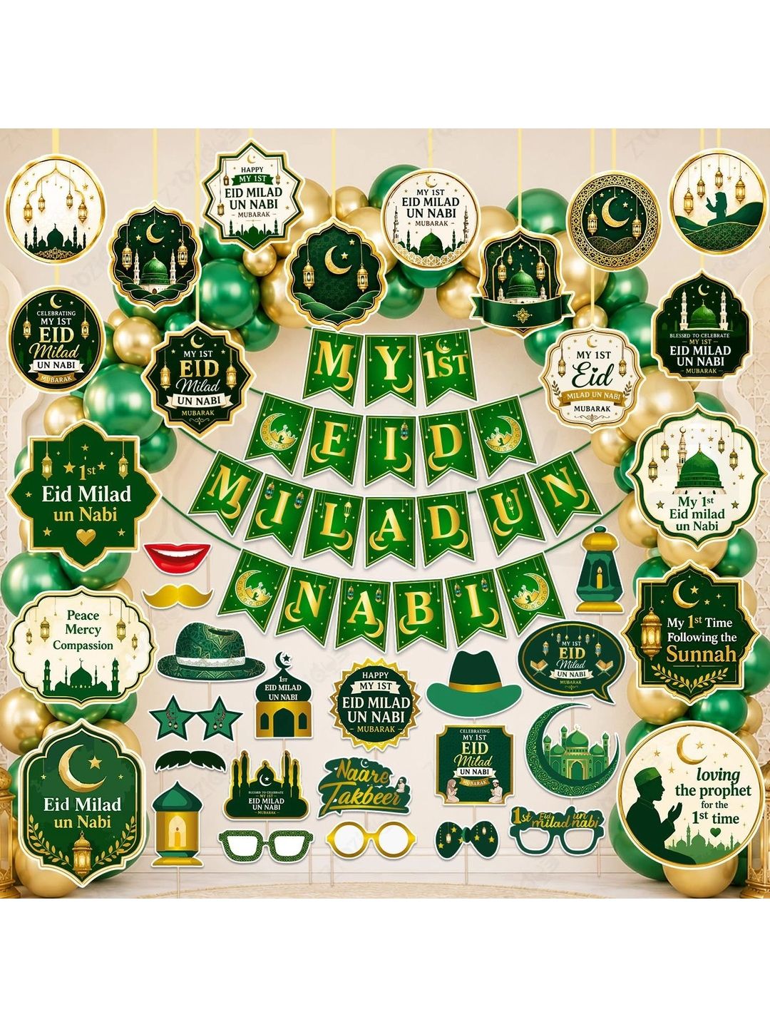 ZYOZI 90-Pcs Green Glossy Reusable Festive Decor - Milad Un Nabi Decorations Kit-picture-36