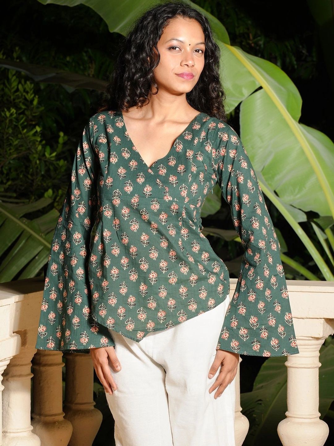 NISHORAMA Floral Print Bell Sleeve Cotton Wrap Top-picture-10