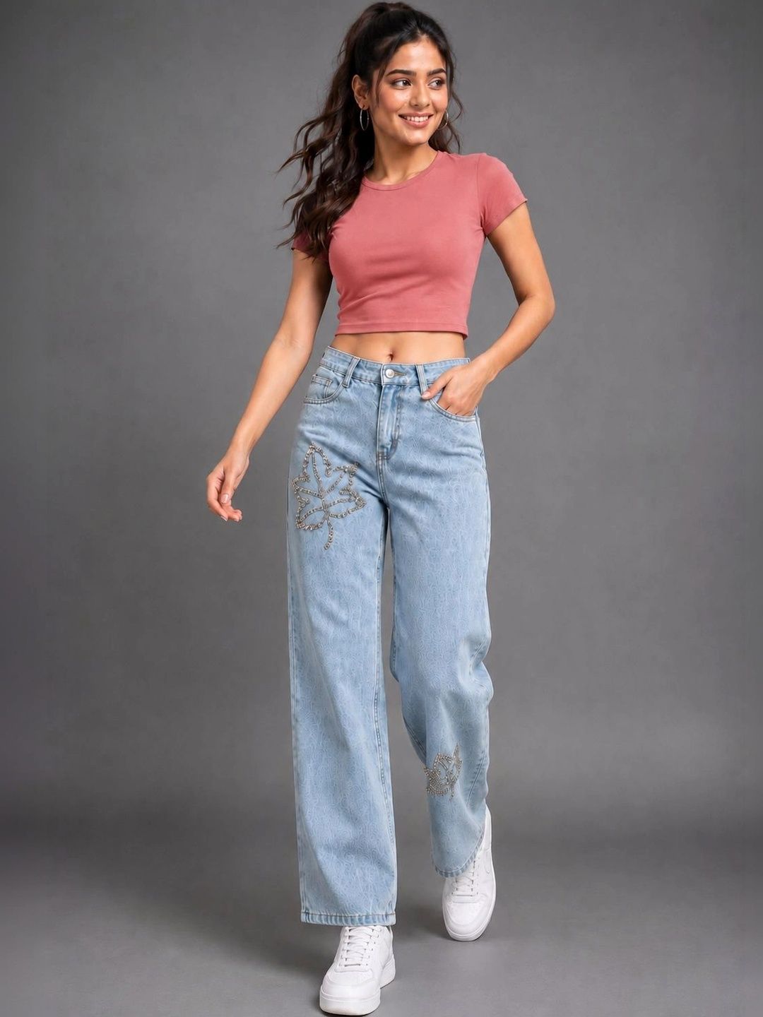 DS CREATIVE Women Wide Leg Mid-Rise Light Fade Embellished Stretchable Jeans-picture-24