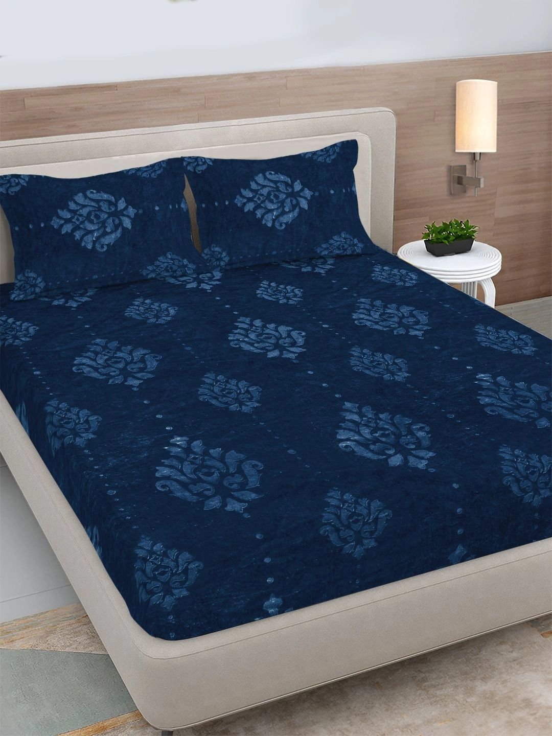 FABINALIV Navy Blue Floral 300 TC King Bedsheet with 2 Pillow Covers-picture-12