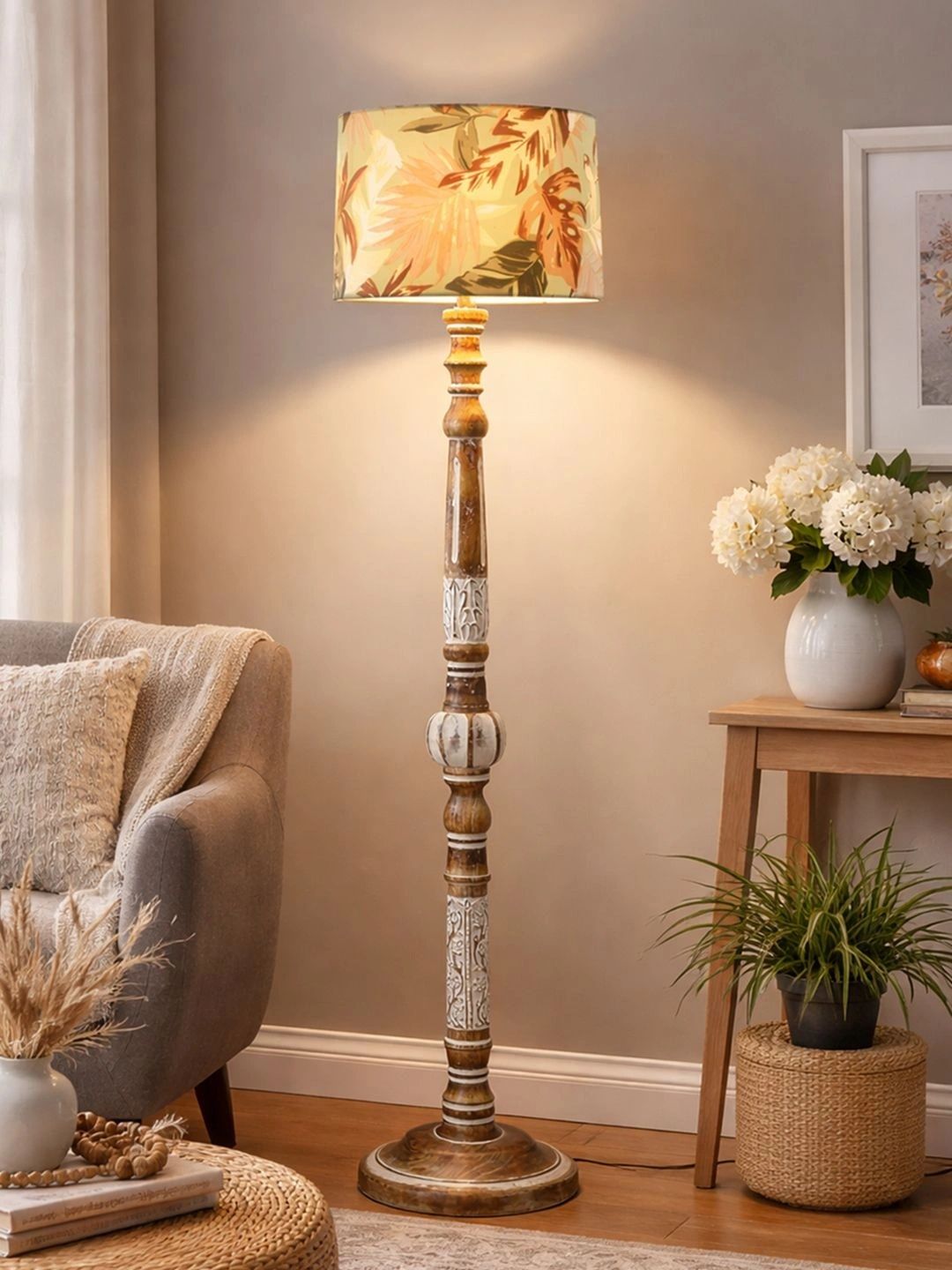 Decorcity Green & Brown Floral Printed Wooden Floor Lamps-image-24