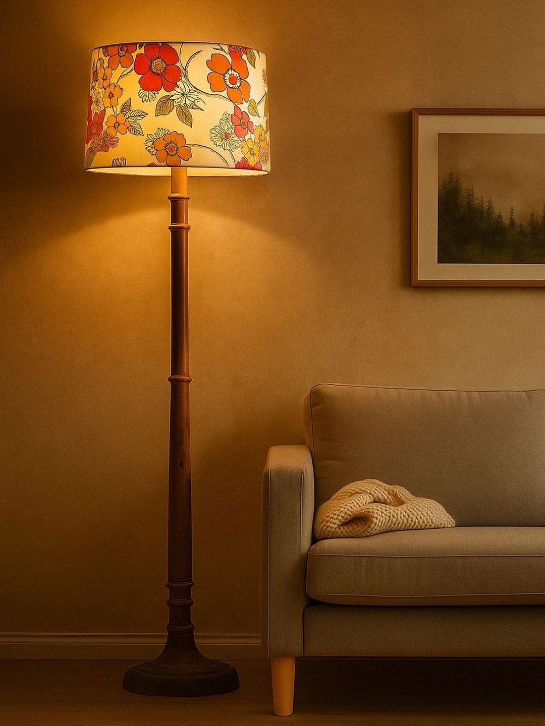 Decorcity Beige & Brown Floral Printed Wooden Floor Lamps-picture-19