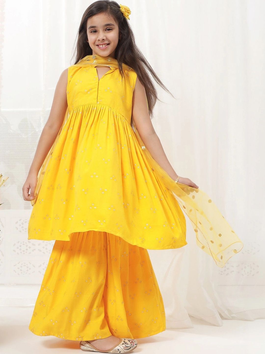 Little Bansi Girls Embroidered Pleated Pure Cotton Kurta with Sharara & With Dupatta-picture-23