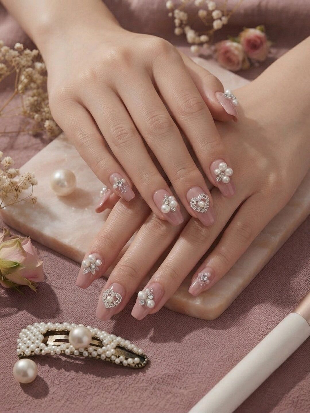 Krelin Set Of 24 Reusable Artificial Press On Nails - Pink Pearl & Crystal-picture-42