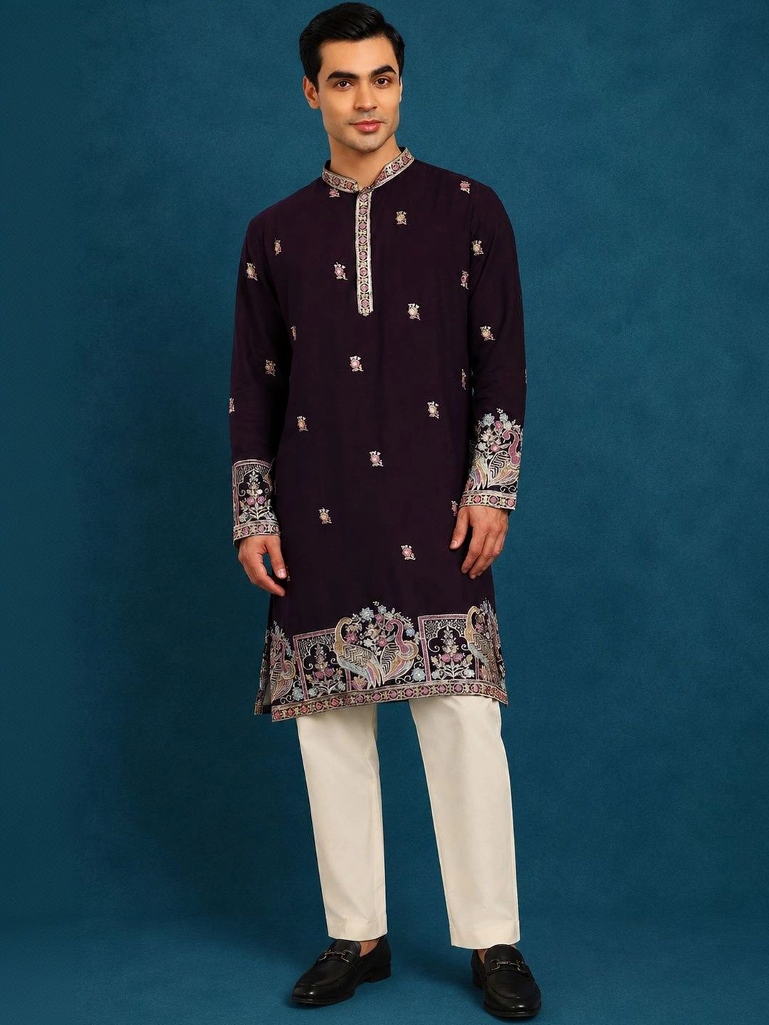 HERE&NOW Men Ethnic Motifs Embroidered Regular Thread Work Kurta with Trousers-picture-10