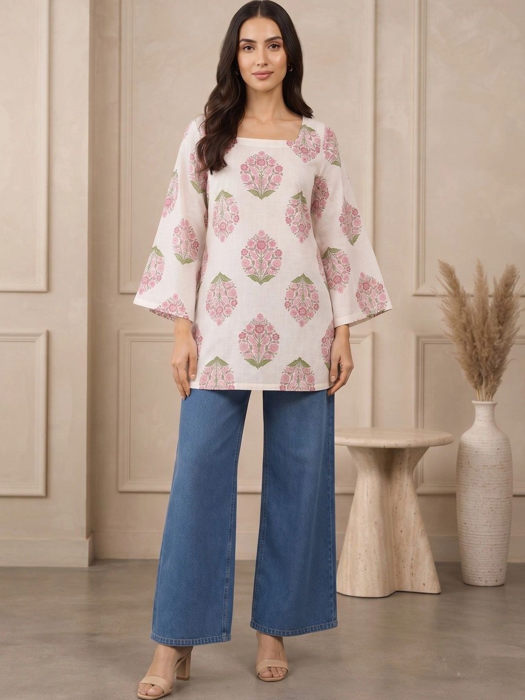 KALINI Floral Printed Square Neck Flared Sleeves Pure Cotton Kurti-picture-29