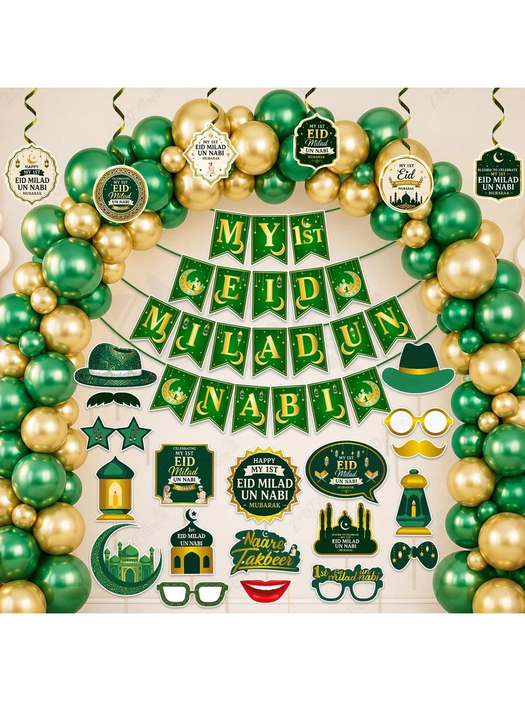 ZYOZI 78-Pcs Green Glossy Reusable Festive Decor - Milad Un Nabi Decorations Kit-picture-22
