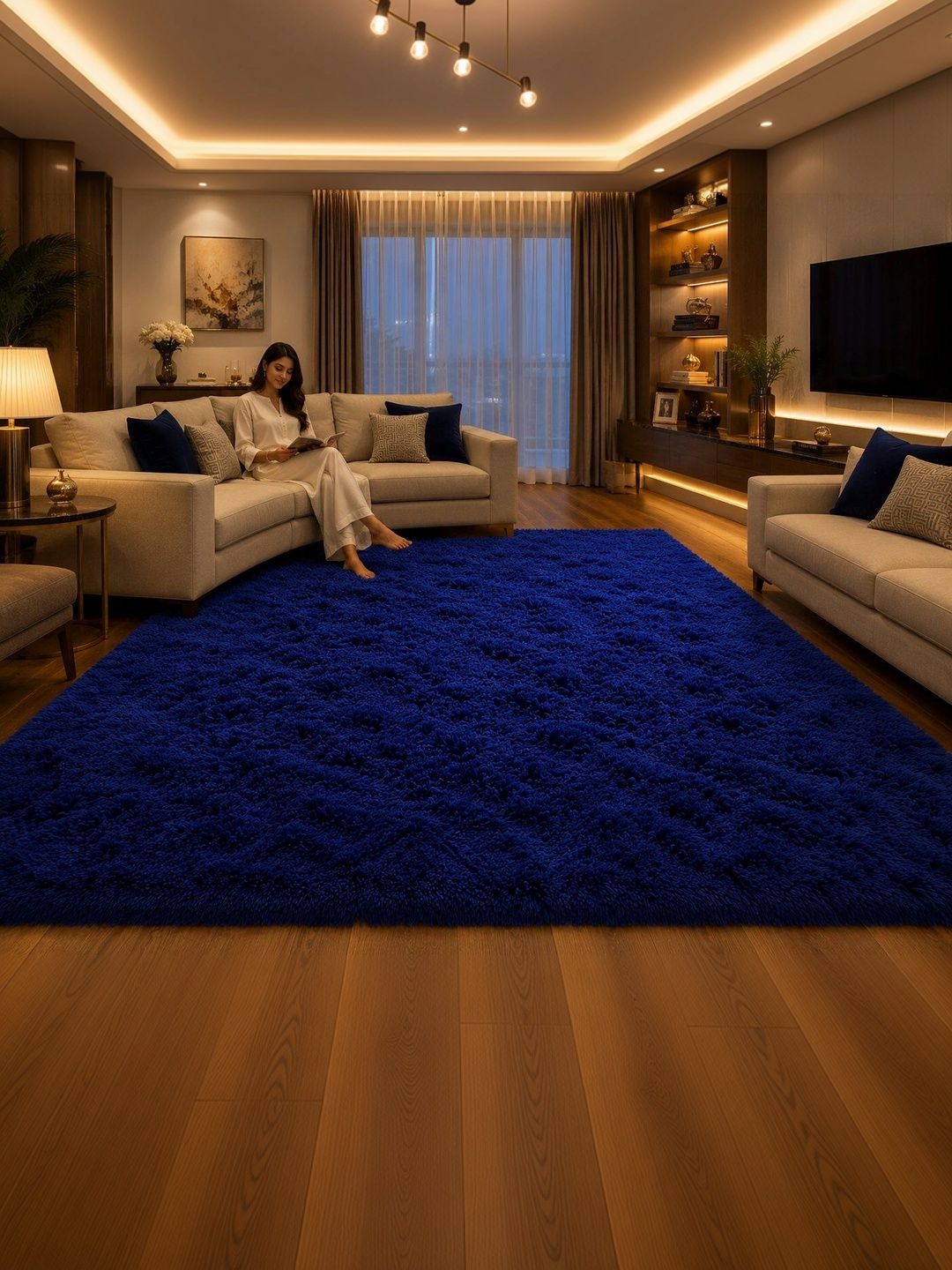 KAYNAT CARPET Blue Solid Shaggy Woollen Carpet-picture-16