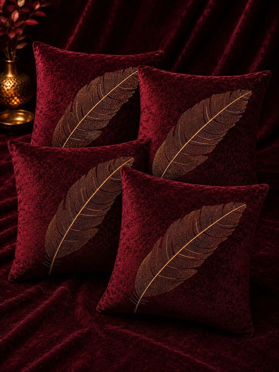 VORNEXA Maroon Set of 4 Velvet Square Cushion Covers-image-7