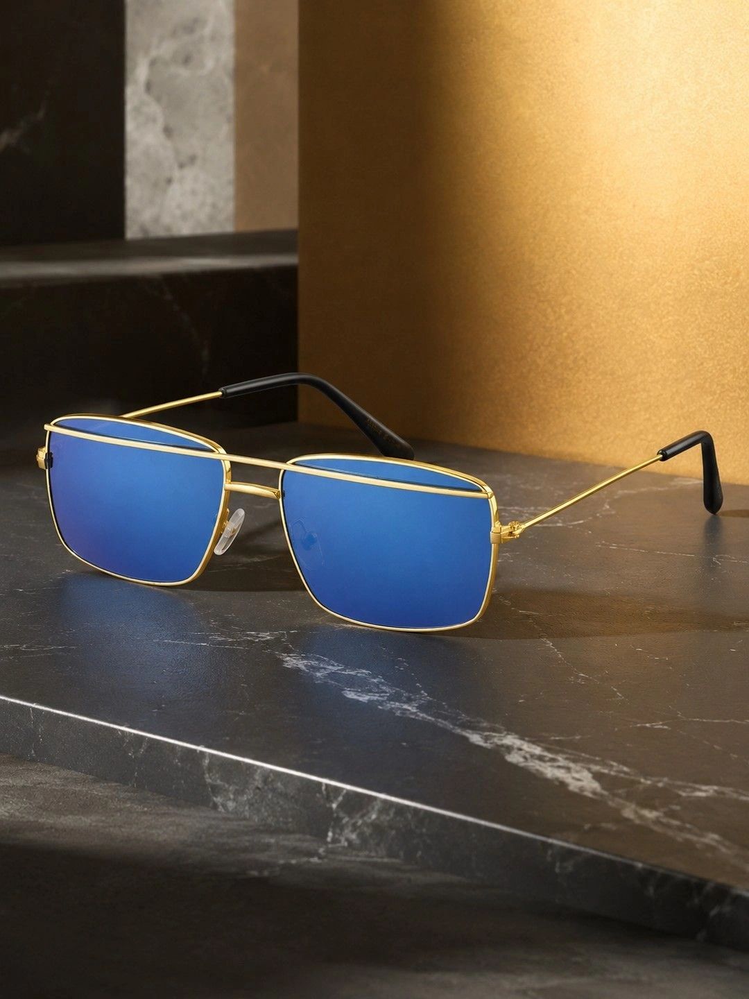 Moda Rapido Unisex Blue Lens & Gold-Toned Rectangle Sunglasses with-image-5