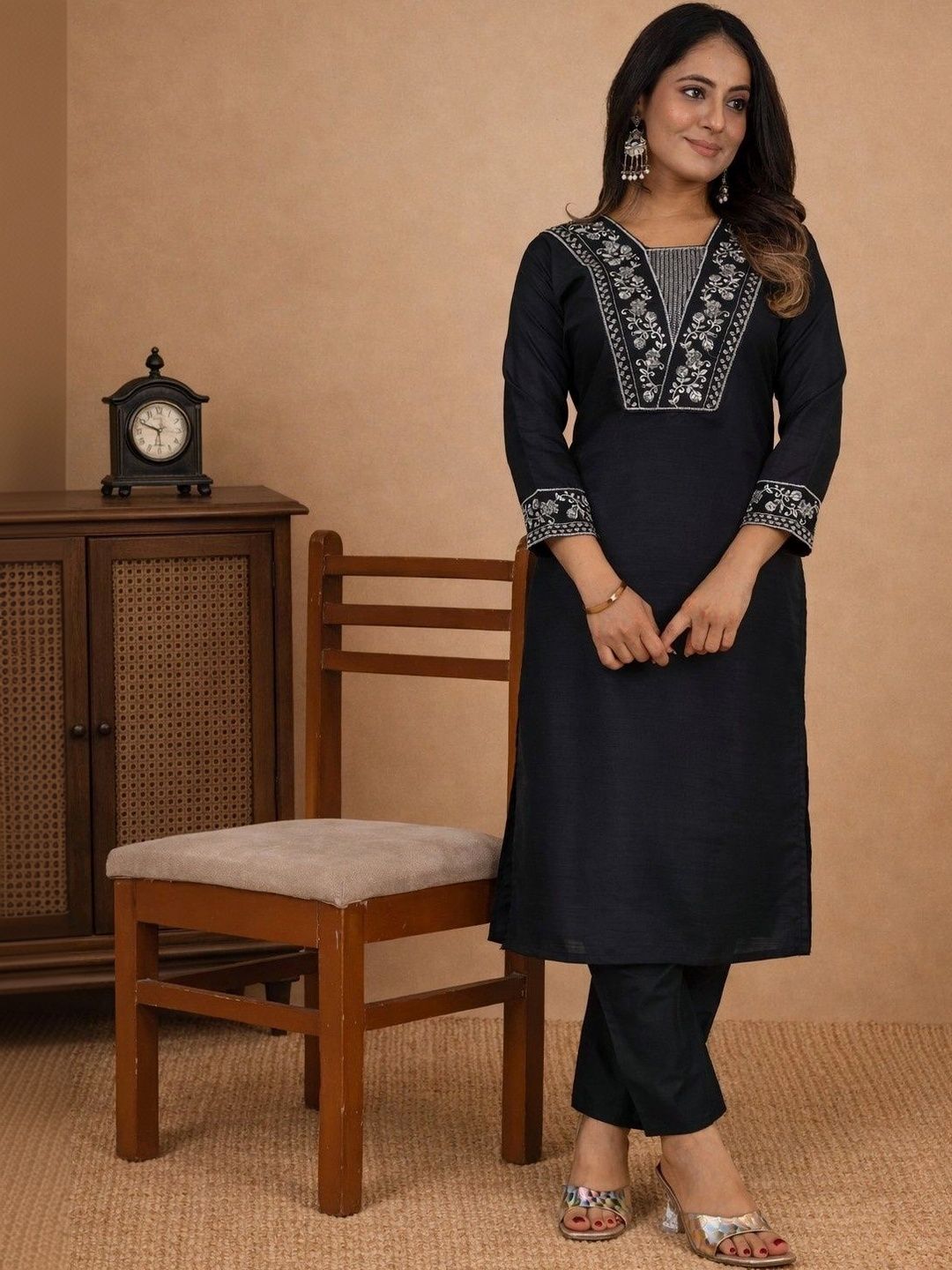 Sangria Floral Embroidered Tunic with Trousers-picture-25
