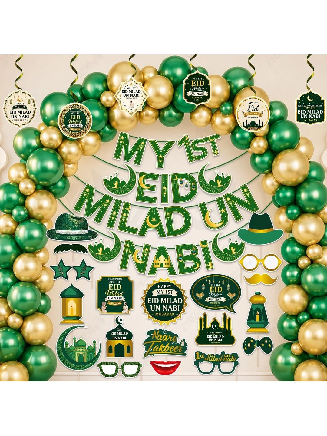 ZYOZI 78-Pcs Green Glossy Reusable Festive Decor - Milad Un Nabi Decorations Kit-picture-32