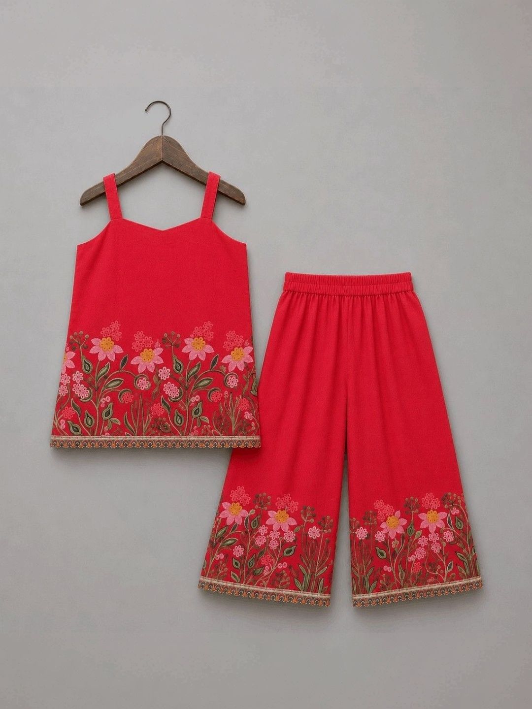 Sangria Girls Floral Embroidered Regular Thread Work Chanderi Silk Top with Palazzos-image-11