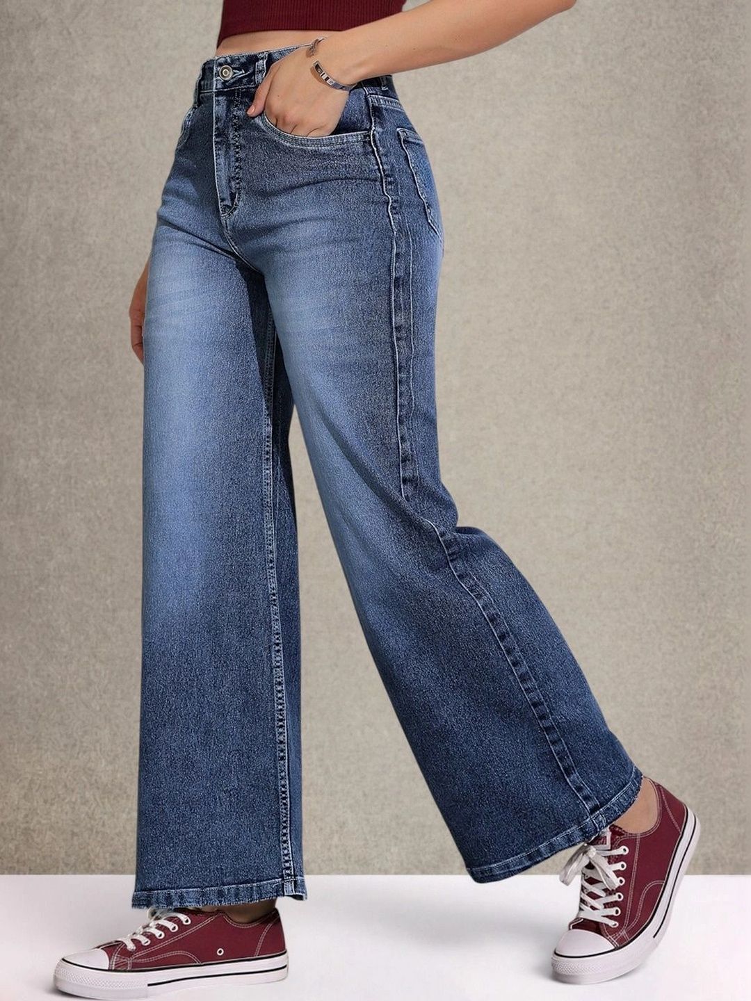 DOLCE CRUDO Women Wide Leg High-Rise Heavy Fade Stretchable Jeans-picture-15