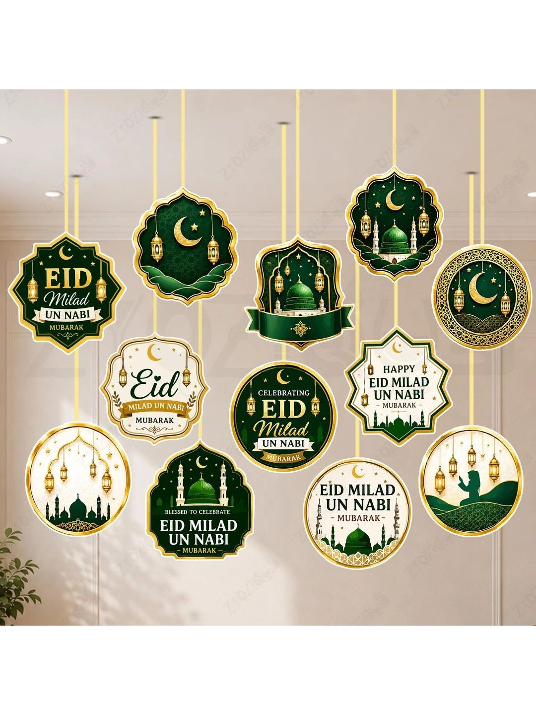 ZYOZI 12-Pcs Green Glossy Reusable Festive Decor - Milad Un Nabi Decorations Kit-picture-48