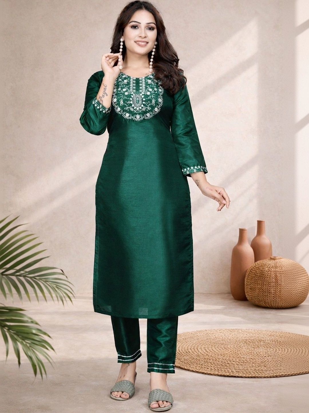 Sangria Floral Embroidered Tunic with Trousers-picture-26