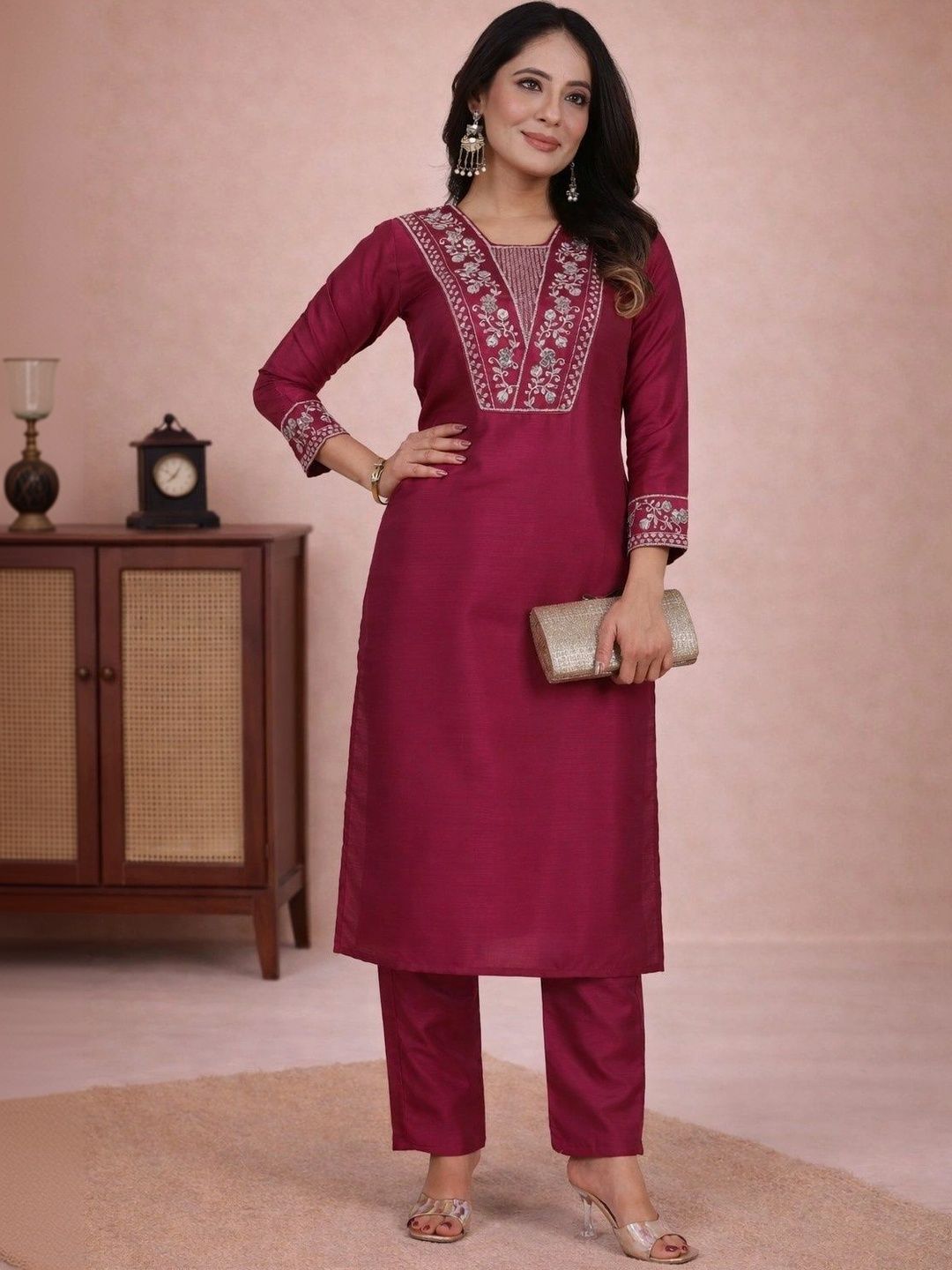 Sangria Floral Embroidered Tunic with Trousers-picture-33