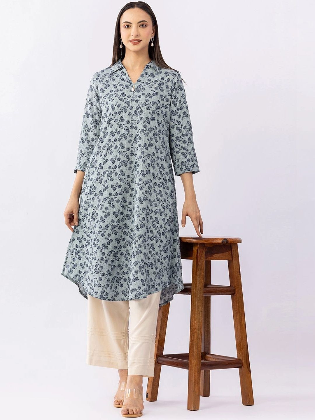 Mustard Floral Printed Shirt Collar Kurti-picture-33