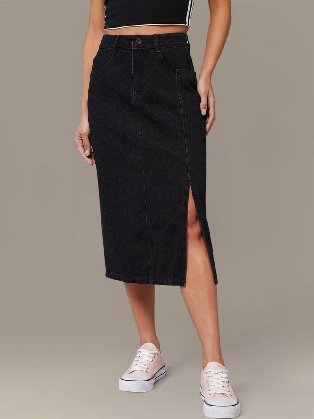 DOLCE CRUDO Women Cotton Front Slit Midi Straight Skirt-picture-14