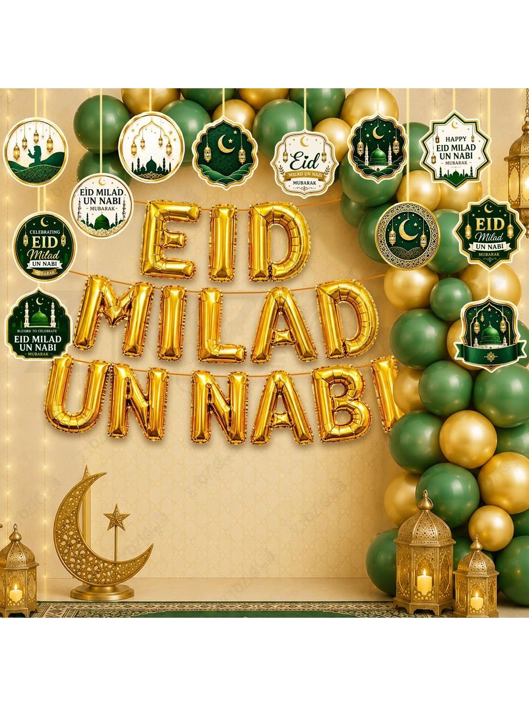 ZYOZI 65-Pcs Green Glossy Reusable Festive Decor - Milad Un Nabi Decorations Kit-picture-11