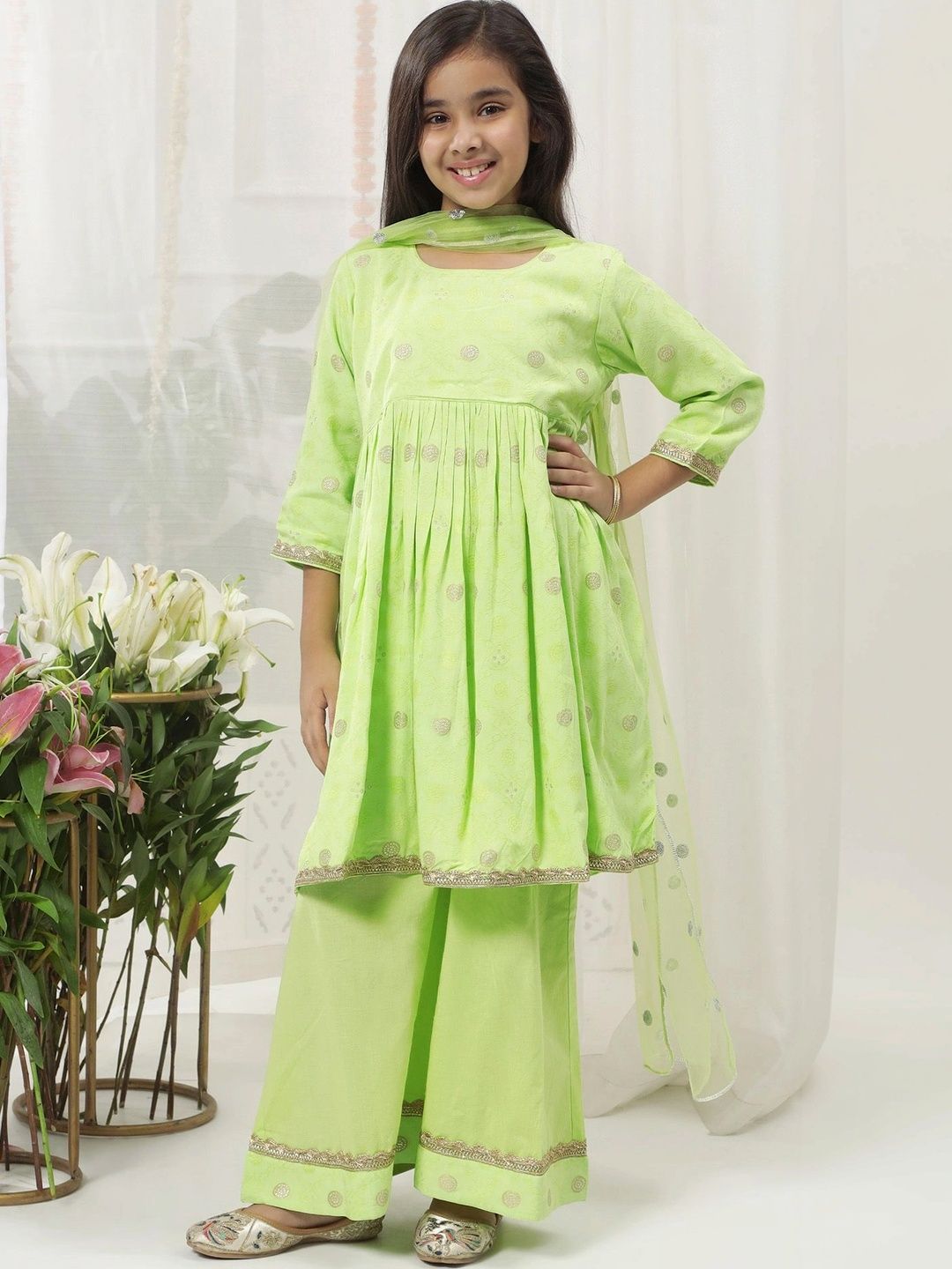 Little Bansi Girls Embroidered Pleated Pure Cotton Kurta with Sharara & With Dupatta-image-49