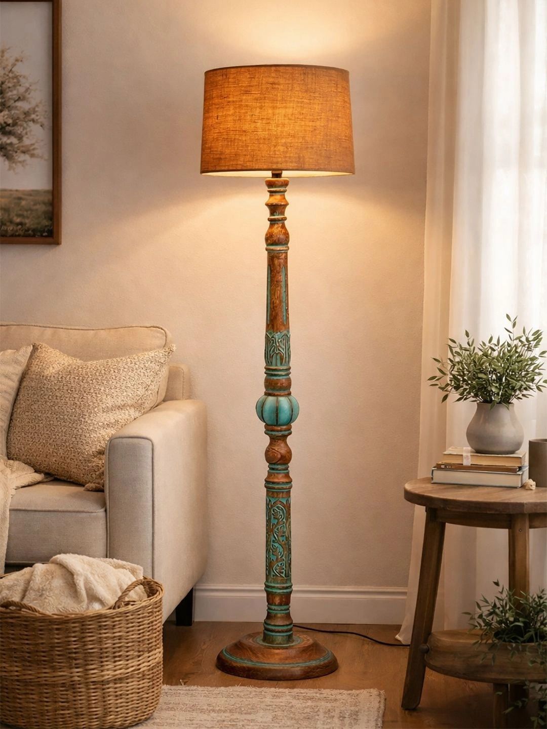 Decorcity Brown & Turquoise Blue Floral Printed Wooden Floor Lamps-picture-34