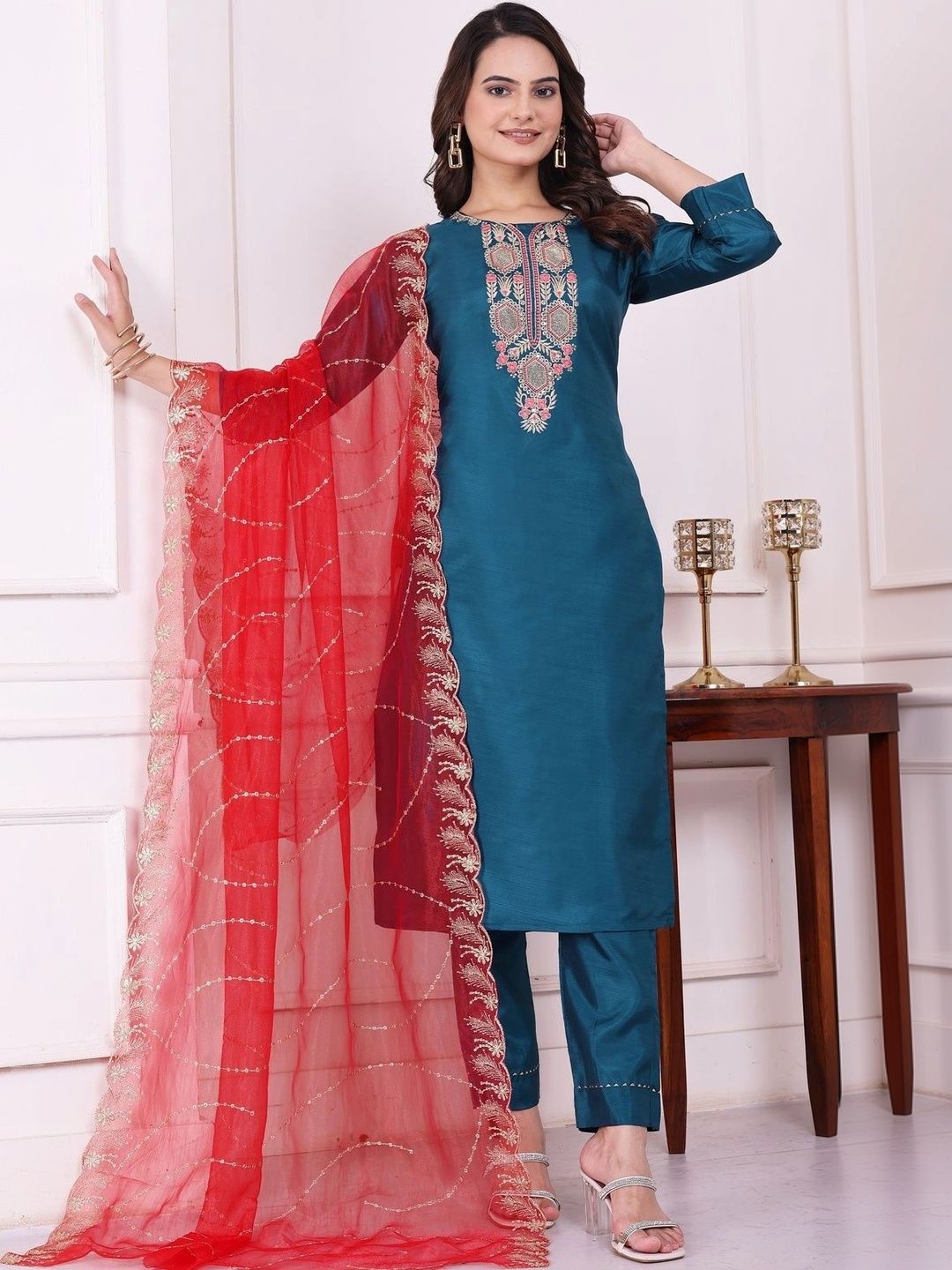 Sangria Women Ethnic Motifs Embroidered Regular Thread Work Kurta with Trousers & With Dupatta-picture-49