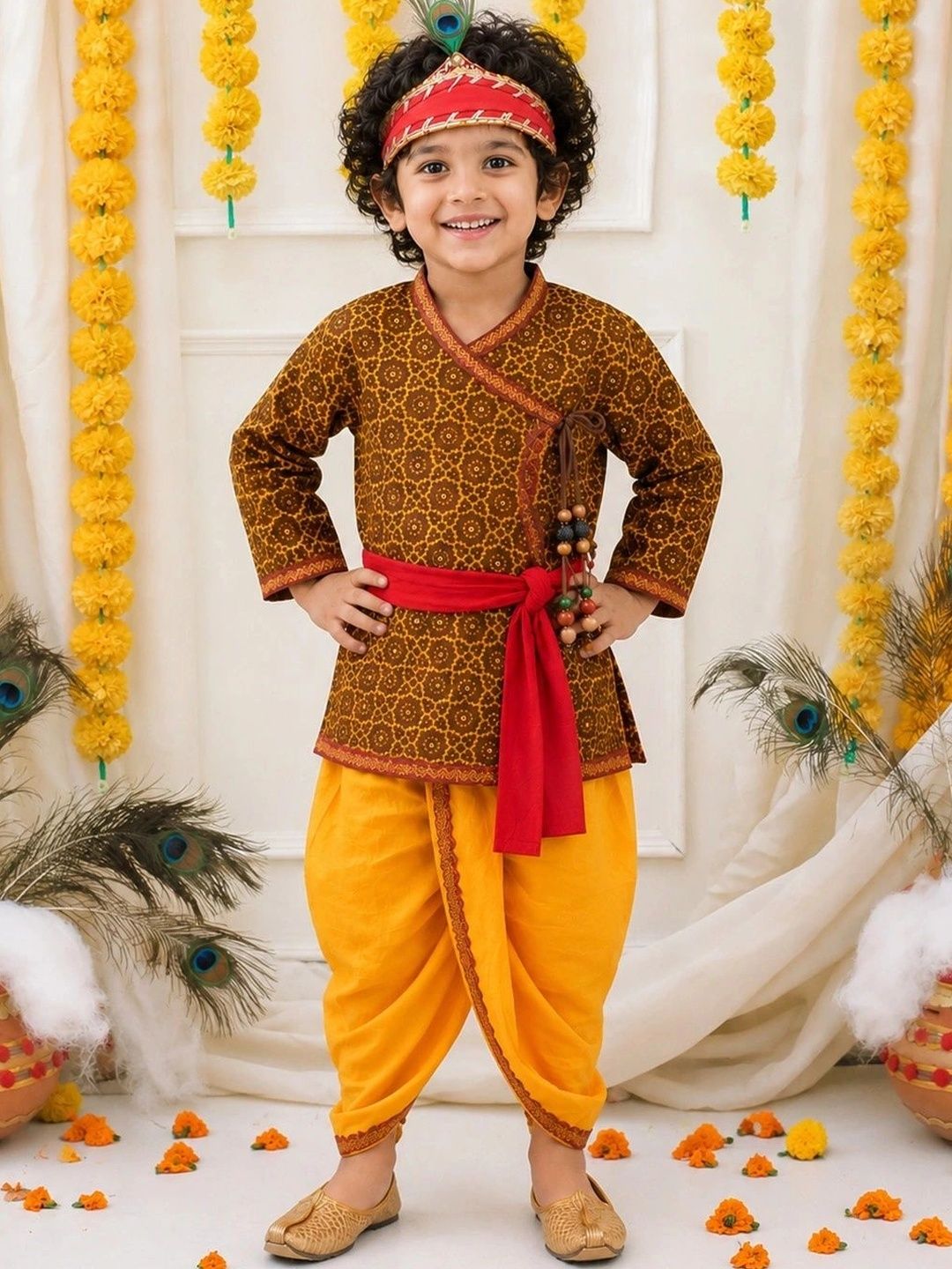 BownBee Boys Ethnic Motifs Printed Angrakha Pure Cotton Kurta with Dhoti Pants-picture-15