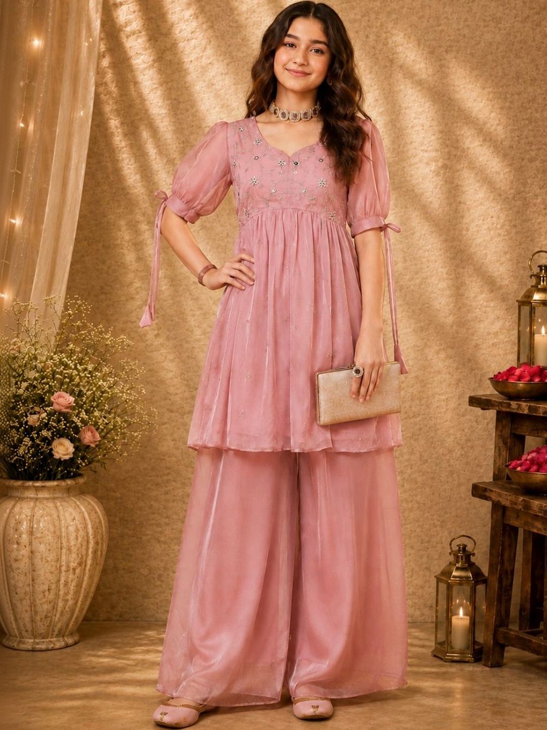 CurlyTales Girls Ethnic Motifs Embroidered Empire Thread Work Kurta with Palazzos-picture-36
