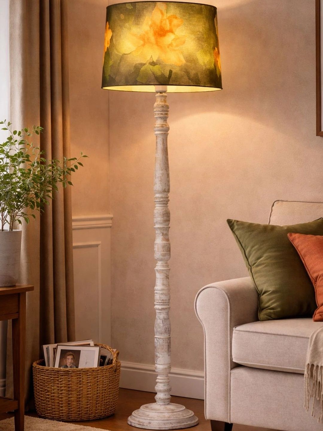 Decorcity Yellow & White Floral Printed Wooden Floor Lamps-picture-21