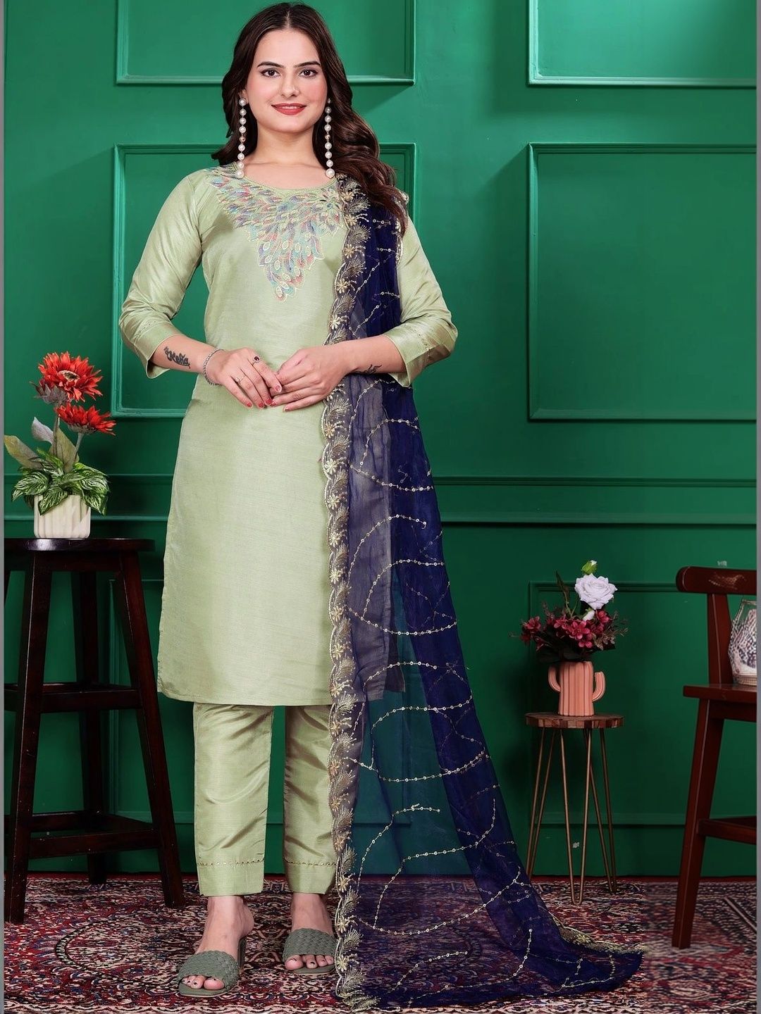Sangria Women Ethnic Motifs Embroidered Regular Thread Work Kurta with Trousers & With Dupatta-picture-56