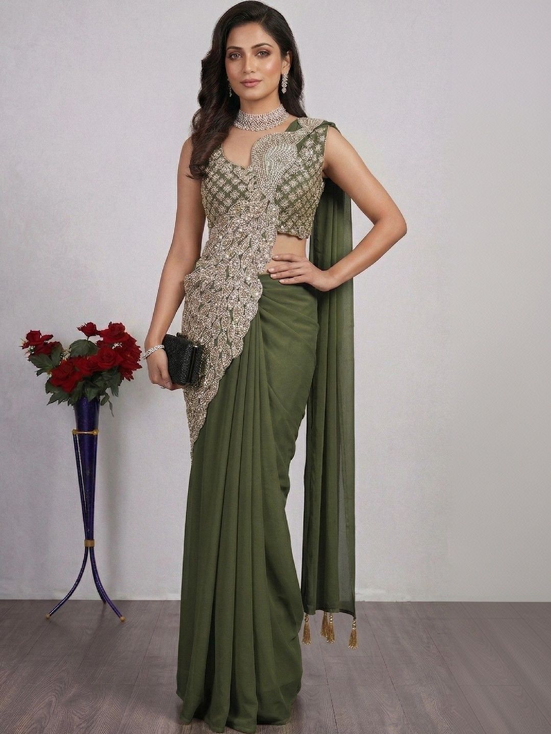 Kinjhit Fashion Embellished Sequinned Pure Georgette Designer Saree-image-22