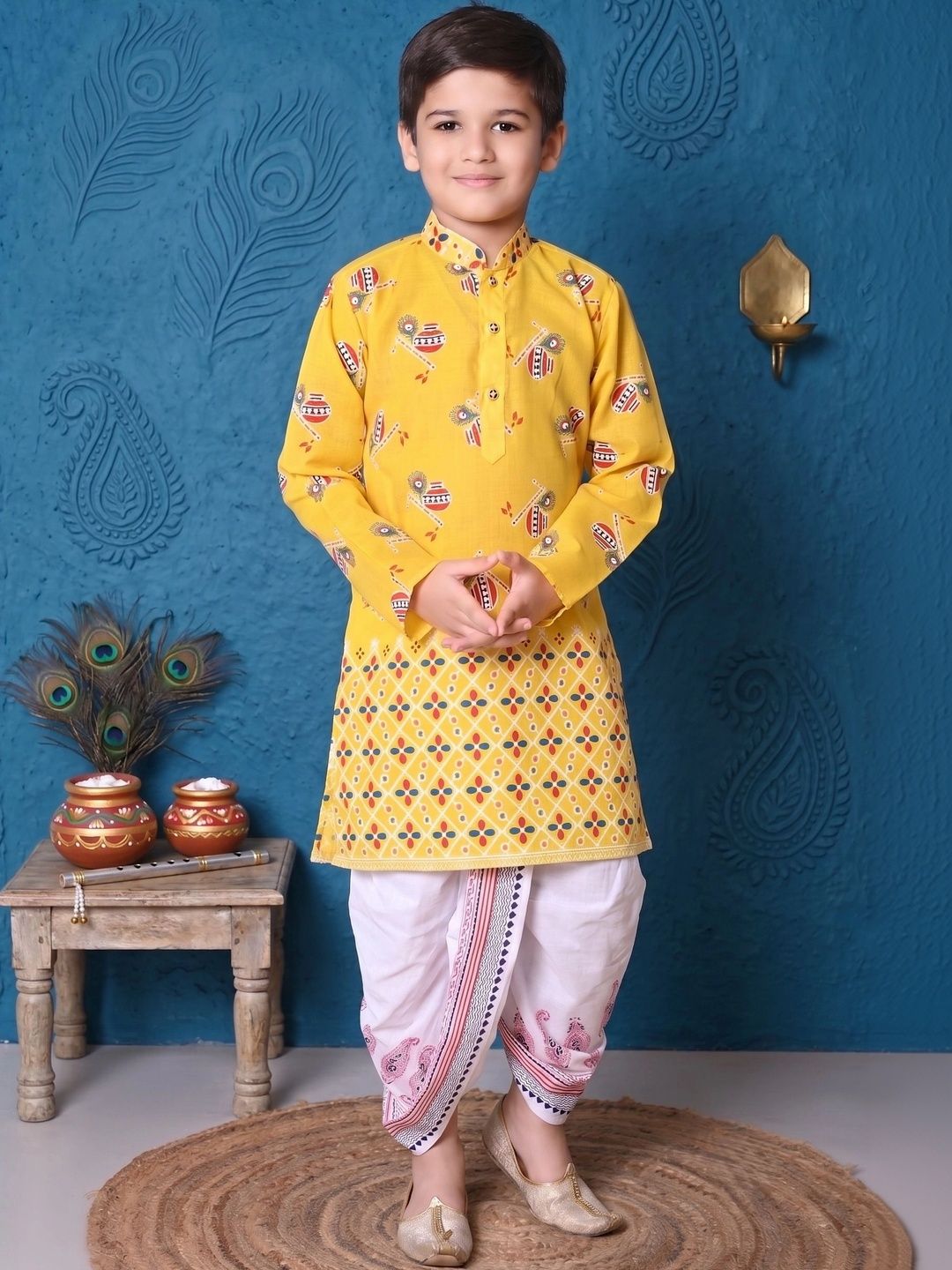 AHLAN APPARELS Boys Ethnic Motifs Printed Regular Pure Cotton Kurta with Dhoti Pants-picture-57