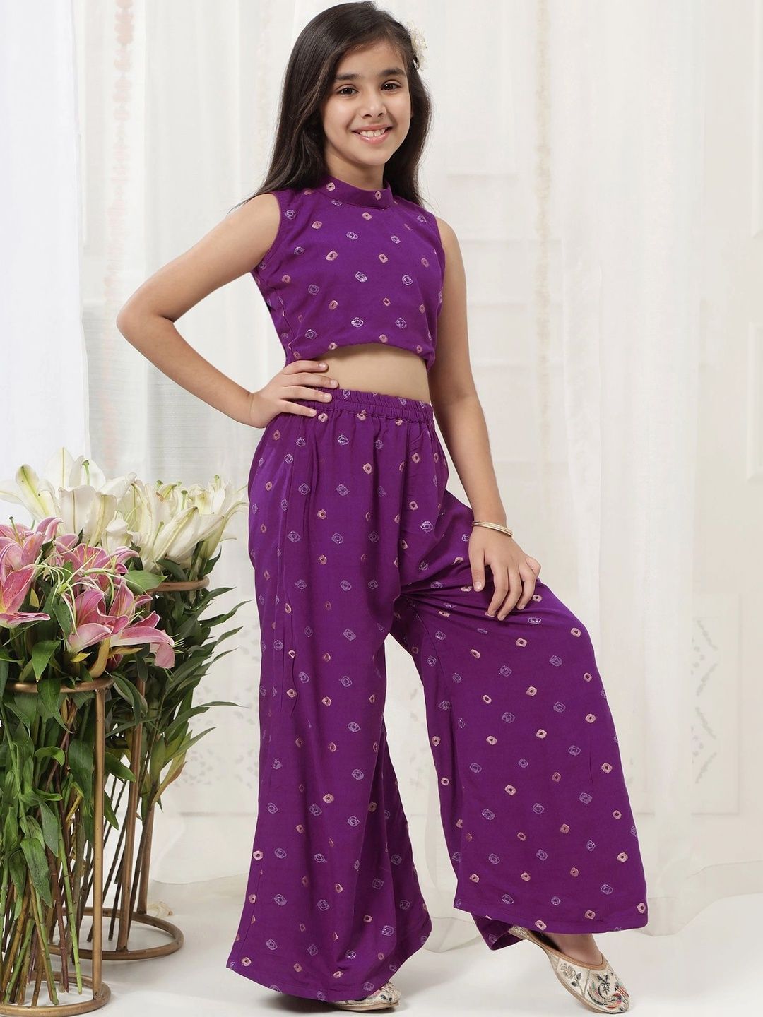 Little Bansi Girls Bandhani Embroidered Regular Pure Cotton Top with Palazzos-picture-22