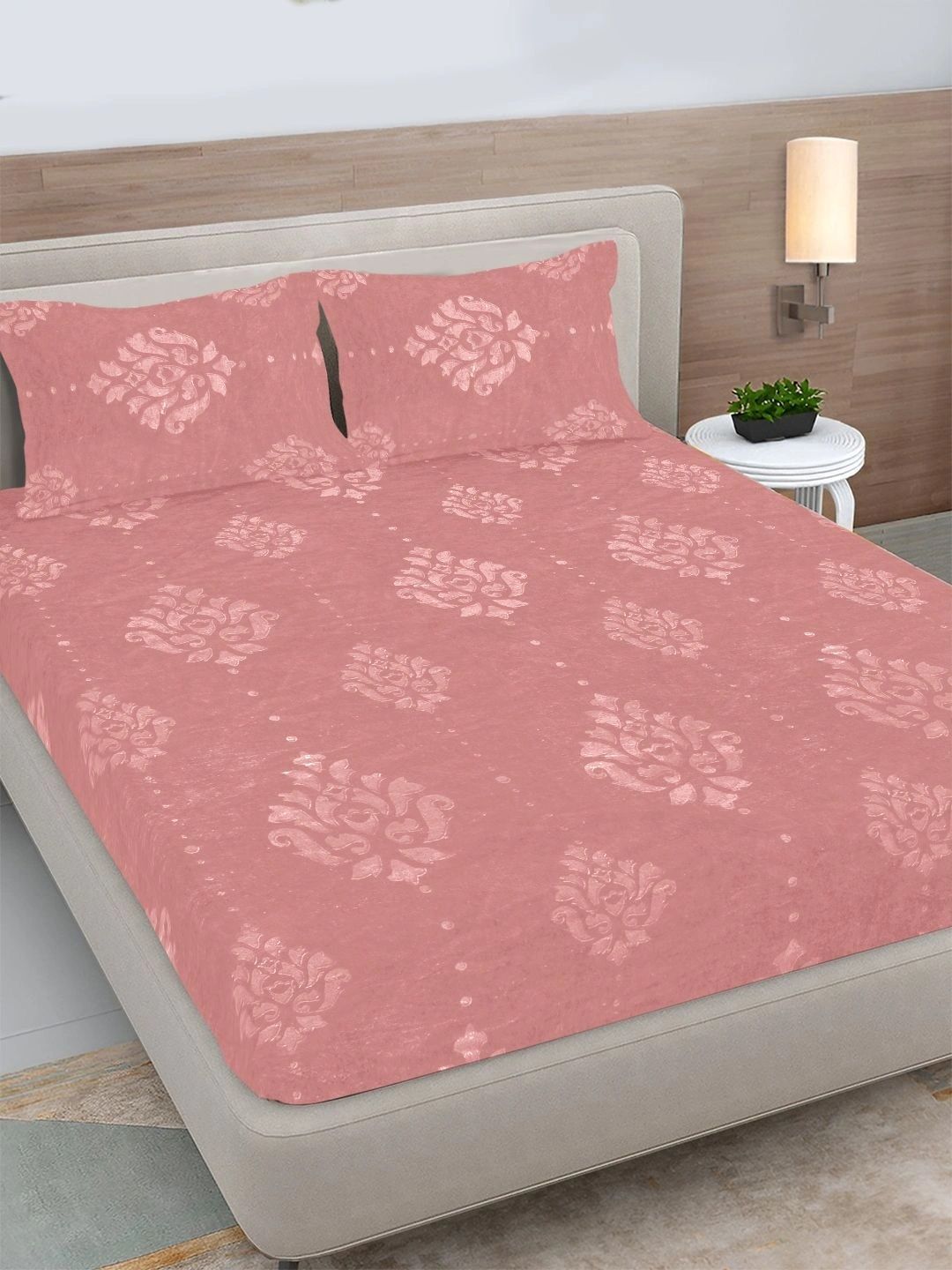 FABINALIV Peach-Coloured Floral 300 TC King Bedsheet with 2 Pillow Covers-picture-52