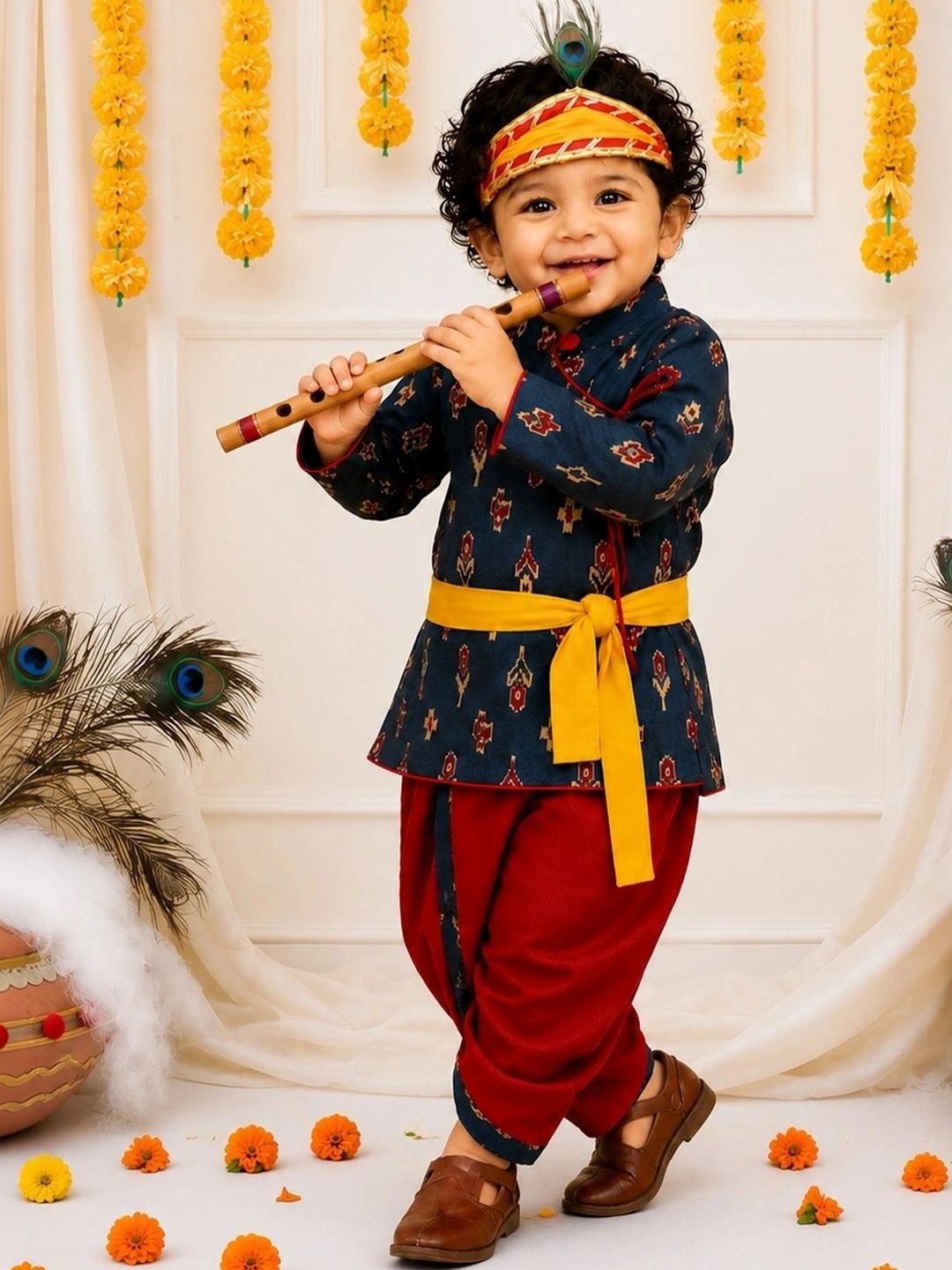 BownBee Boys Ethnic Motifs Printed Angrakha Pure Cotton Kurta with Dhoti Pants-picture-12