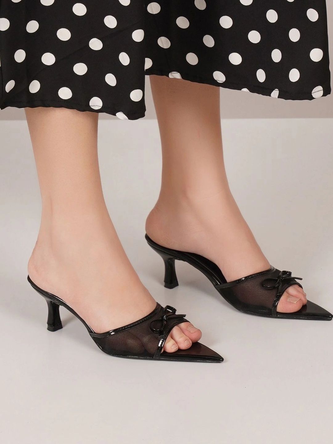 JM Looks Textured Slim Heeled Mules with Bows-picture-11