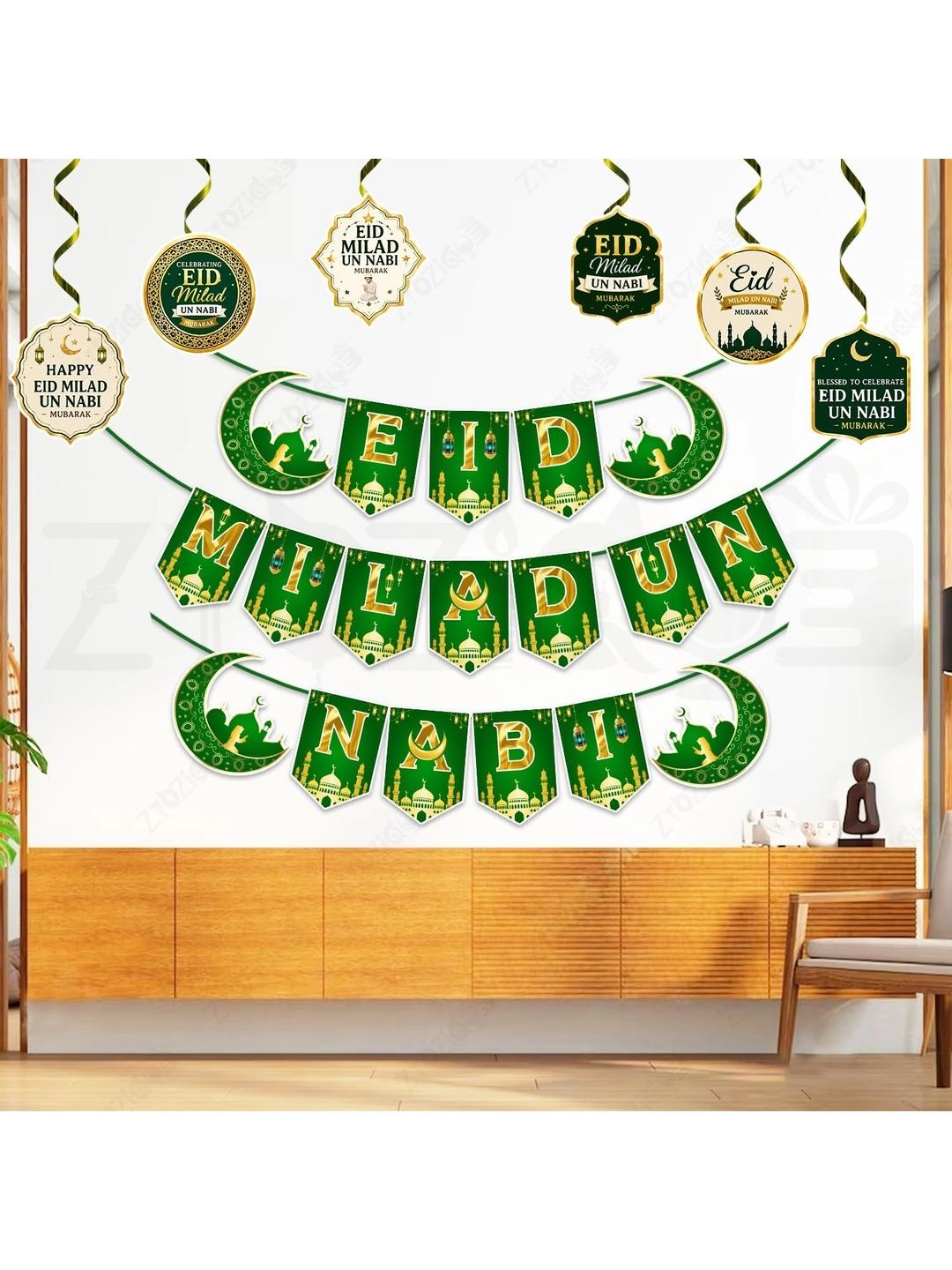 ZYOZI 7-Pcs Green Glossy Reusable Festive Decor - Milad Un Nabi Decorations Kit-picture-20