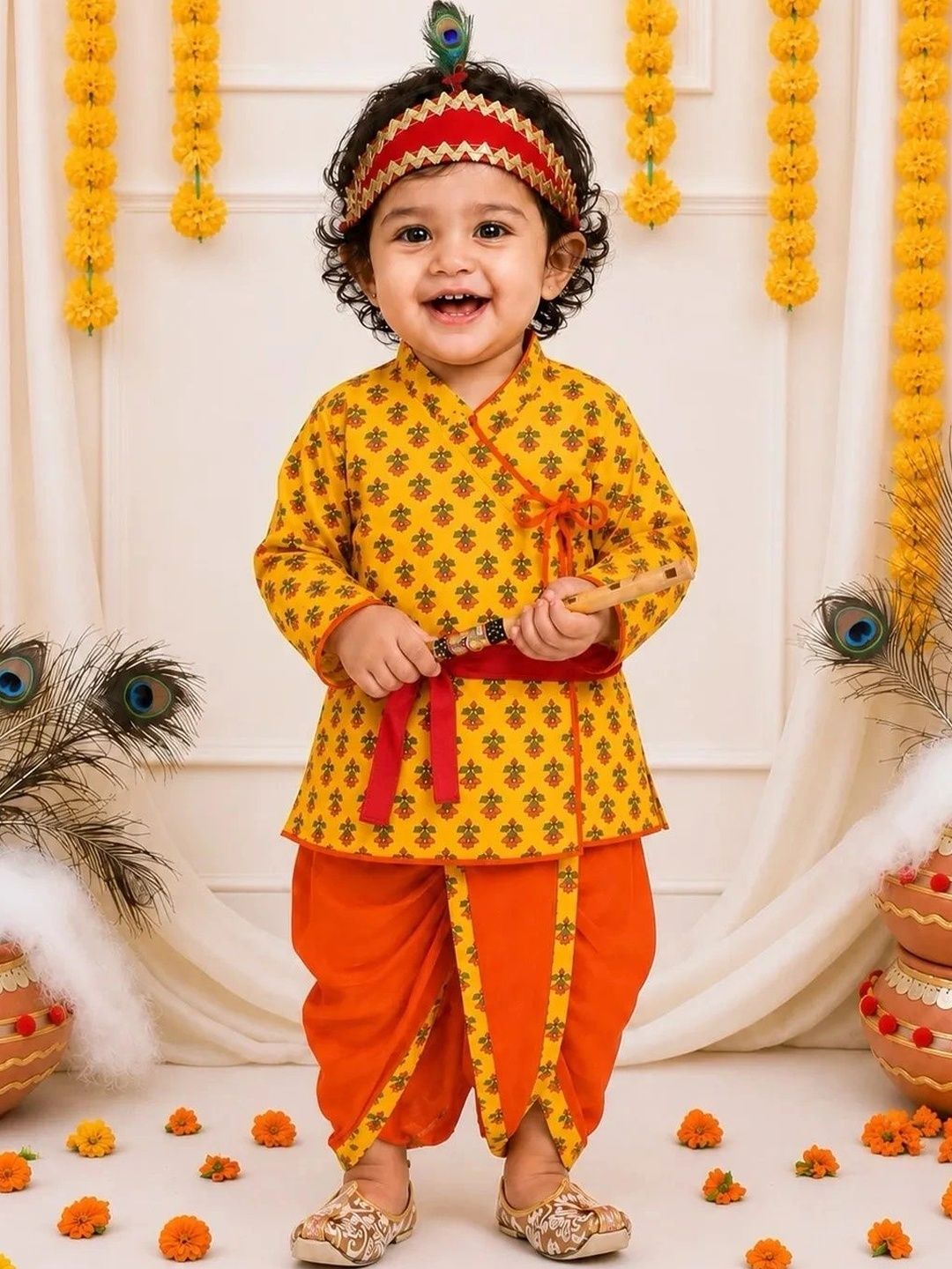 BownBee Boys Ethnic Motifs Printed Angrakha Pure Cotton Kurta with Dhoti Pants-picture-39