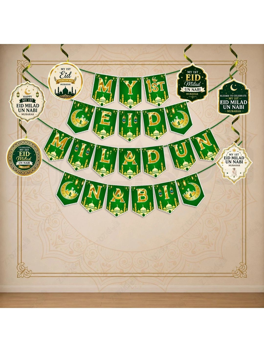 ZYOZI 7-Pcs Green Glossy Reusable Festive Decor - Milad Un Nabi Decorations Kit-picture-27