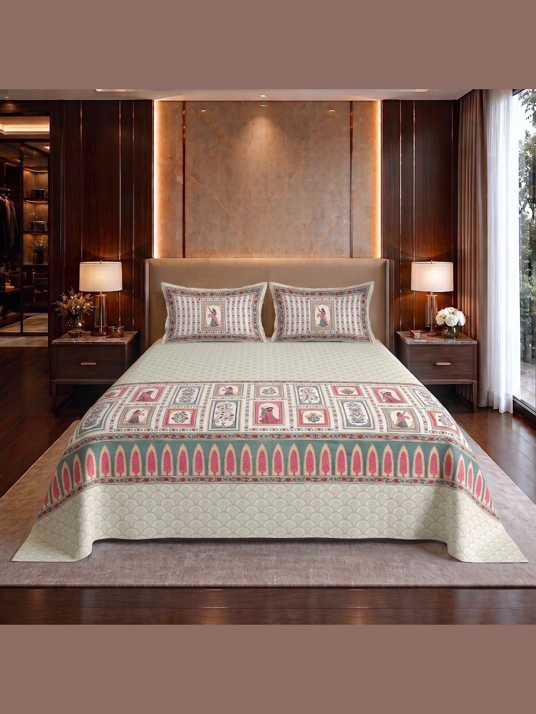 VAASINI Peach-Coloured & Green Ethnic Motifs 250 TC King Bedsheet with 2 Pillow Covers-picture-21