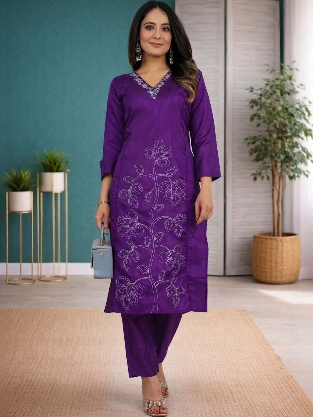 Sangria Floral Embroidered Tunic with Trousers-picture-23