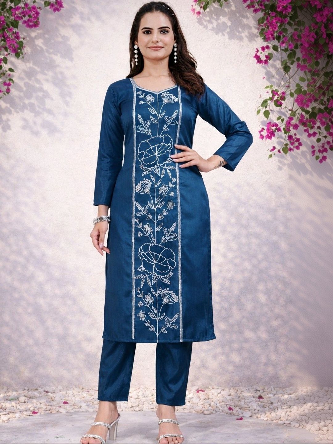 Sangria Floral Embroidered Tunic with Trousers-picture-37