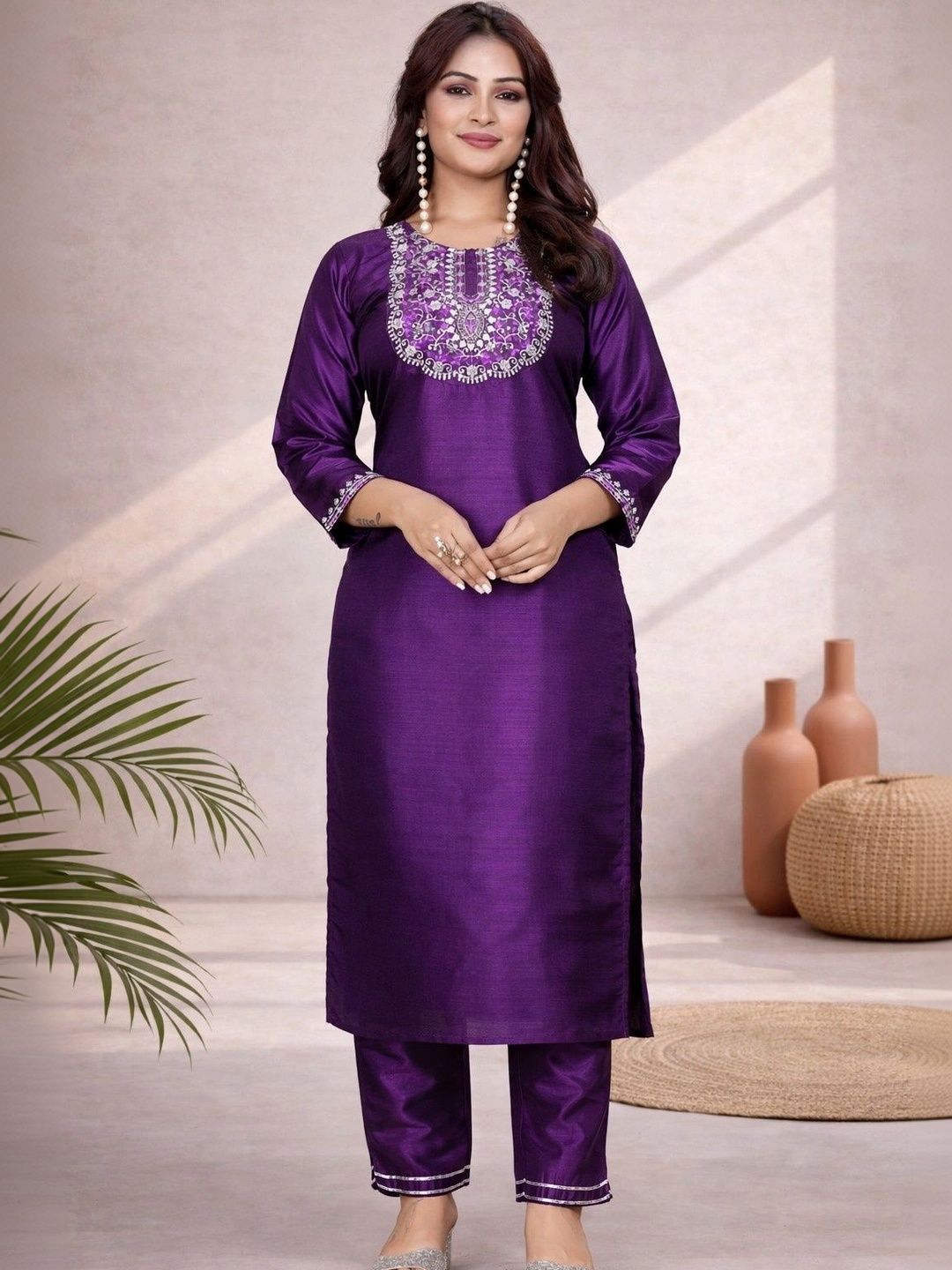 Sangria Floral Embroidered Tunic with Trousers-picture-31