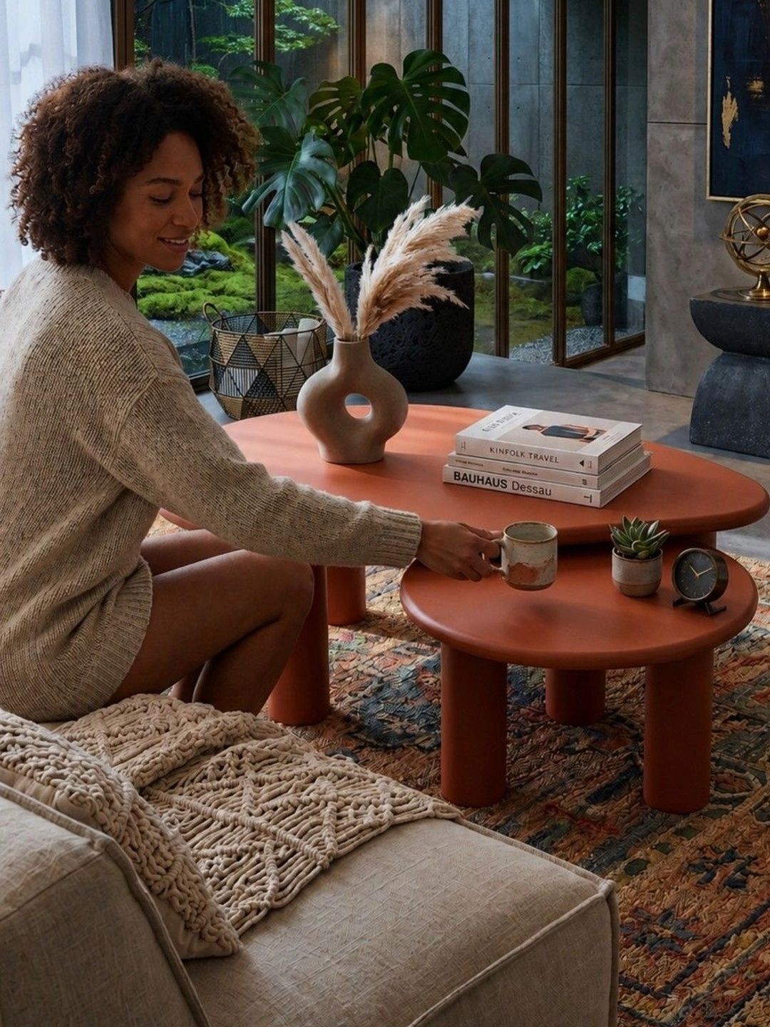 THEGASBH 2 Pieces Orange-Coloured Natural Stone Abstract Shaped Coffee Table-image-48