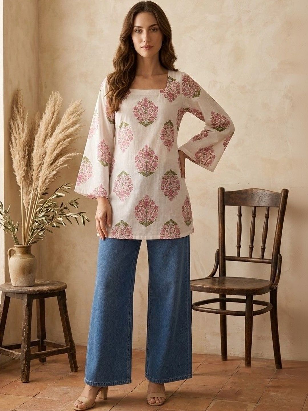 Sangria Floral Printed Square Neck Flared Sleeves Pure Cotton Kurti-picture-55
