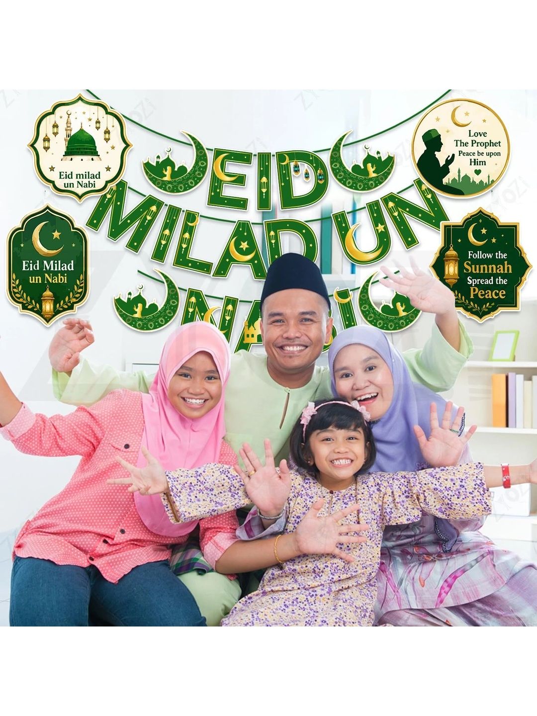 ZYOZI 9-Pcs Green Glossy Reusable Festive Decor - Milad Un Nabi Decorations Kit-picture-12