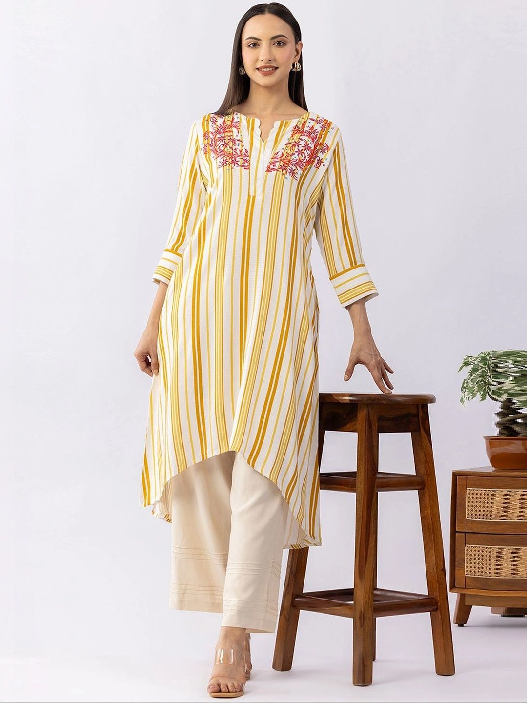 Mustard Embroidered V-Neck Kurti-picture-25