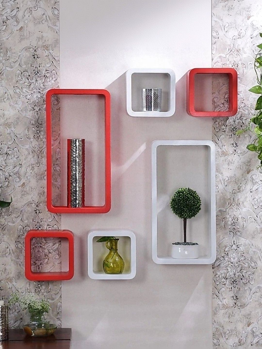 TFS TRADERS White & Red MDF Wall Shelf with Keyholders-picture-27