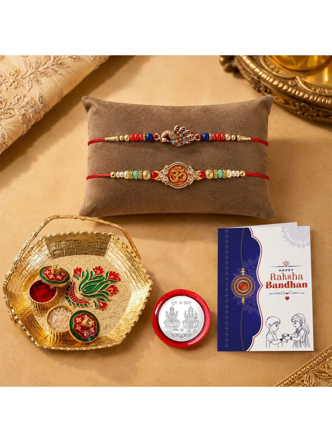 Myntra Elegant Homes Set of 7 Rakhi Gift Set With Silver Coin, Greeting Card & Roli Chawal-picture-49
